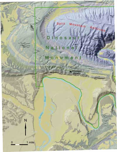 Image showing the geology of the Dinosaur Quarry quadrangle draped over a hillshade to depict the interrelationships of geology and geomorphology