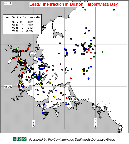 Figure 16. Lead/fine fraction in Boston Harbor/Mass Bay
