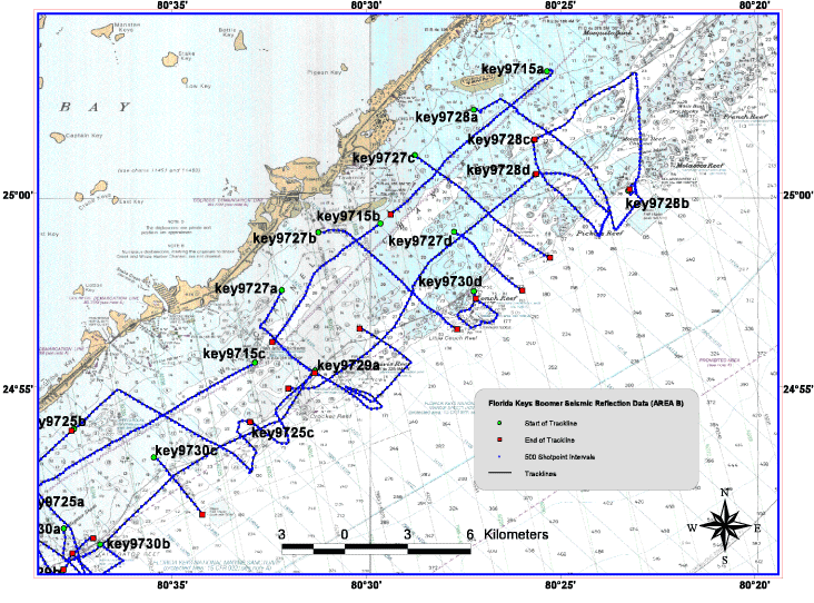 Trackline Map displaying tracklines collected during USGS Cruise 97KEY01, Florida Keys, 1997.