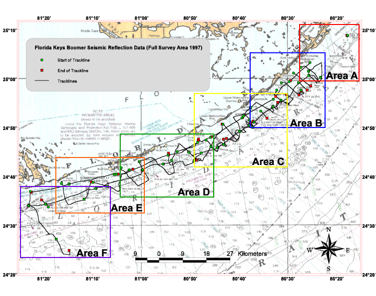Trackline Map displaying all the boomer seismic tracklines collected during USGS Cruise 97KEY01, with hotlinks to each Area for more detailed maps.