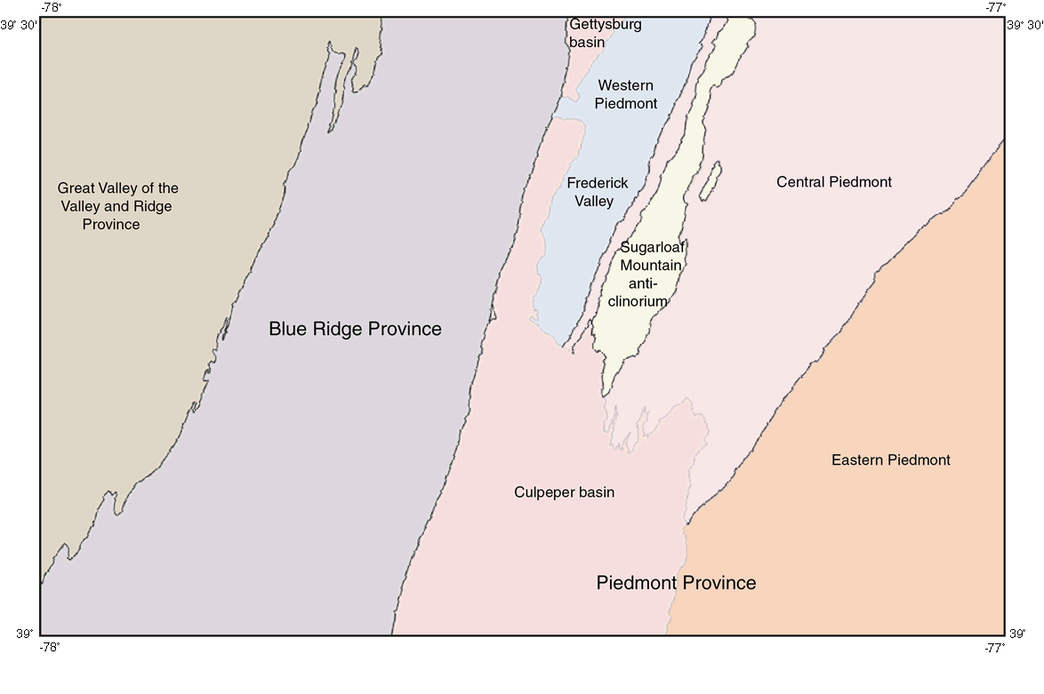 Physiographic and geologic provinces and sections of the Frederick quadrangle map area