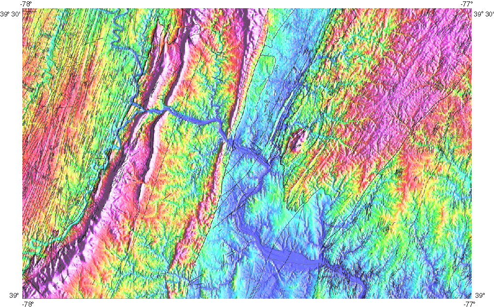 Faults and folds overlain on a color Digital Elevation Model created with
USGS 1:24,000 data