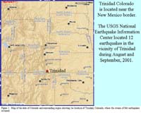 Figure 1. Map of the state of Colorado and surrounding region showing the location of Trinidad, Colorado, where the swarm of felt earthquakes occurred.