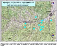 Figure 4.  Locations of the 12 earthquakes in the Trinidad area reported by the National Earthquake Information Center that were widely scattered in the area 5-19 km (3-12 mi) WSW of Trinidad.  The earthquakes were strongly felt in the small towns of Cokedale, Valdez, and Segundo, Colorado.