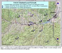 Figure 5.  Locations of the 12 portable digital seismographs installed west-southwest of Trinidad, Colorado to monitor earthquake activity.  Details of the instrument characteristics are described in the appendix.