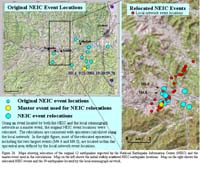 Figure 21.  Maps showing relocation of the original 12 earthquakes reported by the National Earthquake Information Center (NEIC) and the master event used in the calculations. 