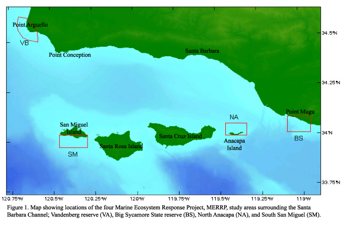 Figure 1. Map showing locations of the four Marine Ecosystem Response Project, MERRP, study areas surrounding the Santa Barbara Channel; Vandenberg reserve (VA), Big Sycamore State reserve (BS), North Anacapa (NA), and South San Miguel (SM).