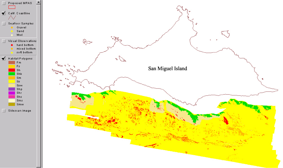Screen capture from ArcView window showing the color-coded habitats derived from sidescan sonar including reserve boundaries and coastline.