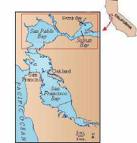 Location Map of San Pablo and Suisun Bays.  Both bays are part of the San Francisco Bay estuary in Central California.
