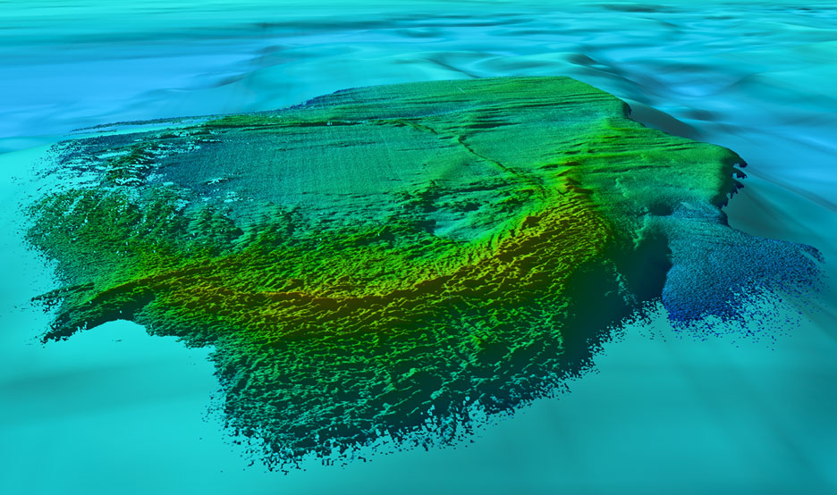 shaded relief map of Boulder Reef, oblique view looking northeast