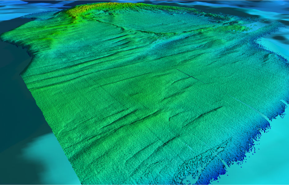 shaded relief map of Boulder Reef, oblique view looking southwest
