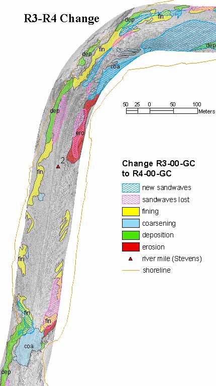 map of change in riverbed sediment after experimental flood