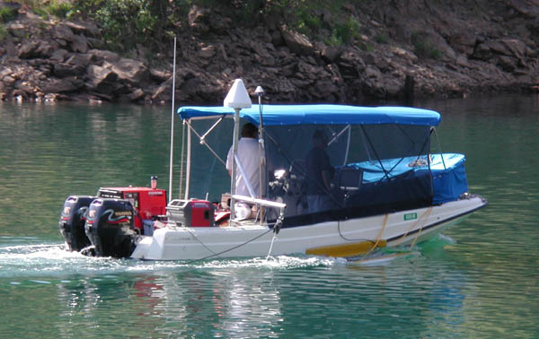 A photo of the 22-foot (6.7-meter) Boston Whaler "Fast Eddy" conducting surveys on Englebright Reservoir. (30 KB)
