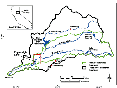 Figure 1. Upper Yuba River Watershed Studies Program (UYRSP) area. Small rectangle around Englebright Lake shows the geographic limits of the maps in this report. (15 KB)