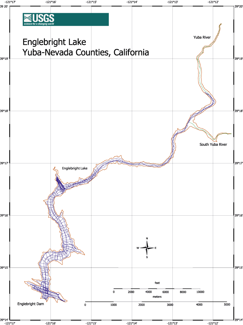 Figure 2. Boat tracklines along which reservoir depth (bathymetry) measurements were made. Cross symbols in the South Yuba River and northern reach of the Yuba River indicate points where water depth was extrapolated along the pre-dam thalweg for gridding purposes.  (44 KB)