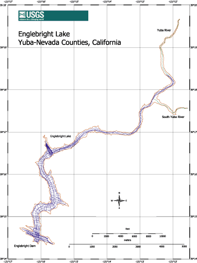 Figure 2. Boat tracklines along which reservoir depth (bathymetry) measurements were made. Cross symbols in the South Yuba River and northern reach of the Yuba River indicate points where water depth was extrapolated along the pre-dam thalweg for gridding purposes. (17 KB)
