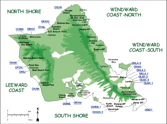 Map of Oahu showing locations of beach samples