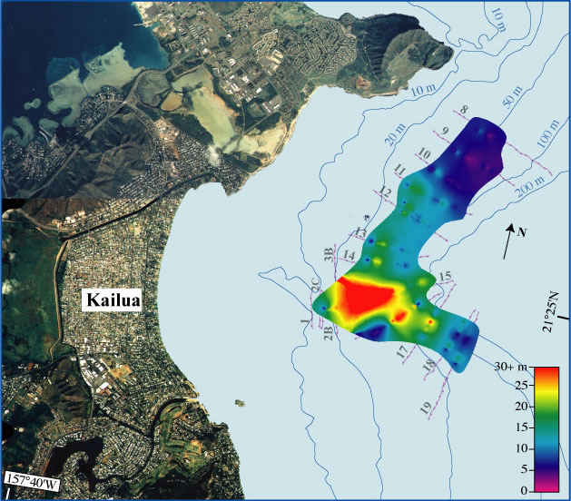 Image showing a digital orthophoto of Kailua, the offshore plots of sediment thickness, overlaying the plots of the ship track lines