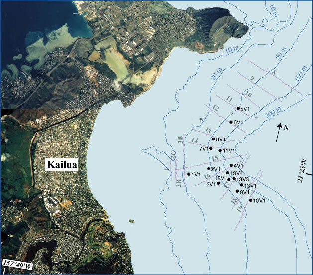 Image showing a digital orthophoto of Kailua and the offshore plots of the ship track lines, bathymetry, and numbered station locations in 2000