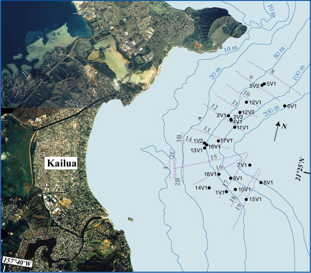 Image showing a digital orthophoto of Kailua and the offshore plots of the ship track lines, bathymetry, and numbered station locations in 1997