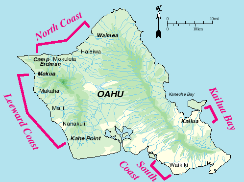 Oahu, Hawaii map showing locations of study areas: North Coast, Leeward Coast, Kailua Bay, and South Coast
