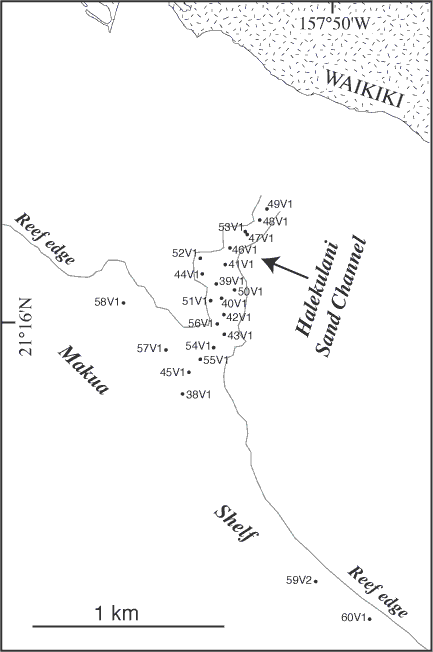 Image showing offshore locations of the ship track lines and numbered station locations on the south coast of Oahu, near Waikiki