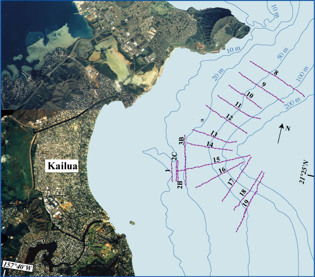 Image showing a digital orthophoto of Kailua and the offshore plots of the ship track lines