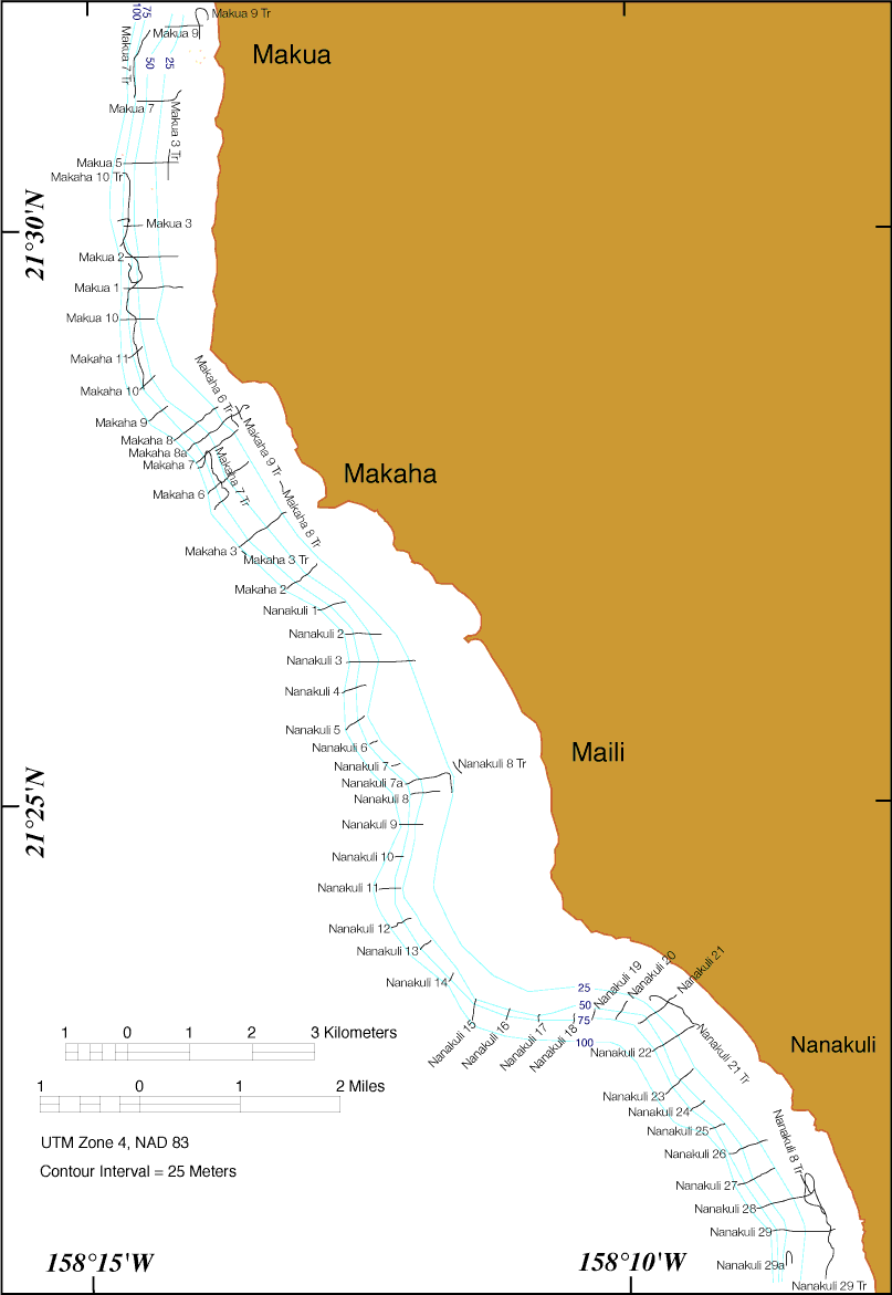 Map of leeward (west) coast and the offshore plots of the ship track lines