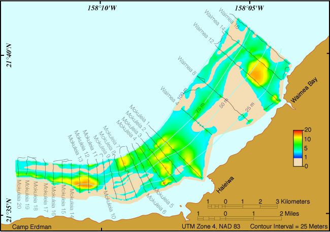 Sketch showing the offshore plots of sediment thickness, overlaying the plots of the ship track lines, on the north coast