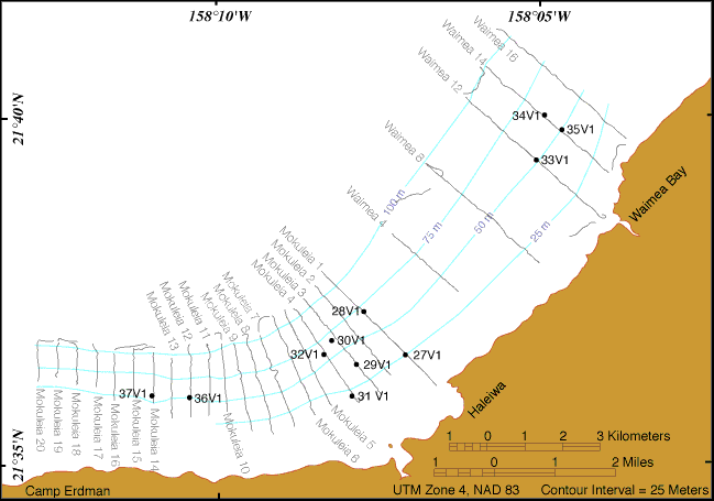 Image showing offshore locations of the ship track lines and numbered station locations on the North Coast of Oahu