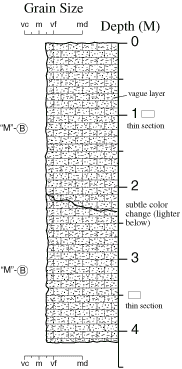 Labelled sketch of core showing bedding and other features