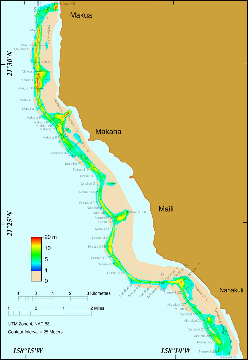 Sketch showing the offshore plots of sediment thickness, overlaying the plots of the ship track lines, on the leeward coast