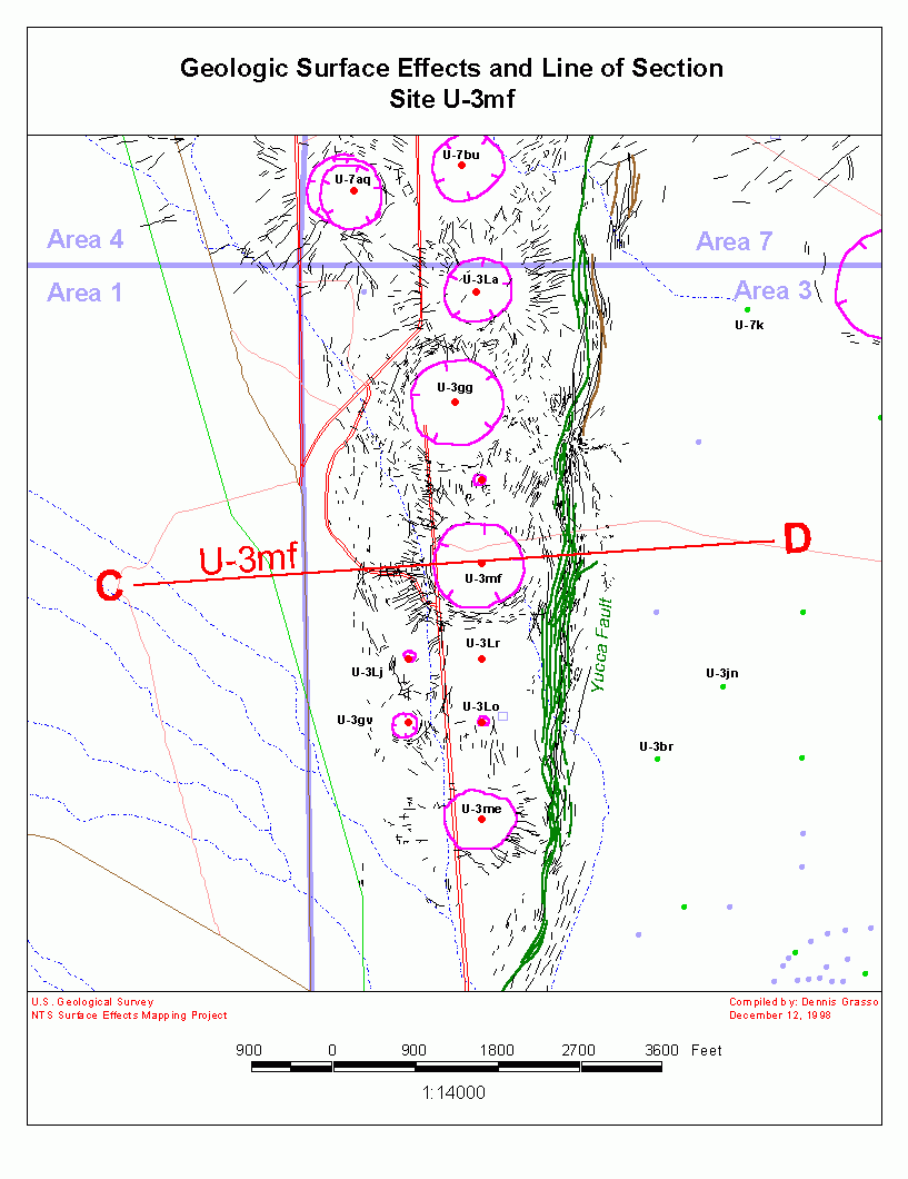 Site U-3mf Surface Effects Map and Cross Section