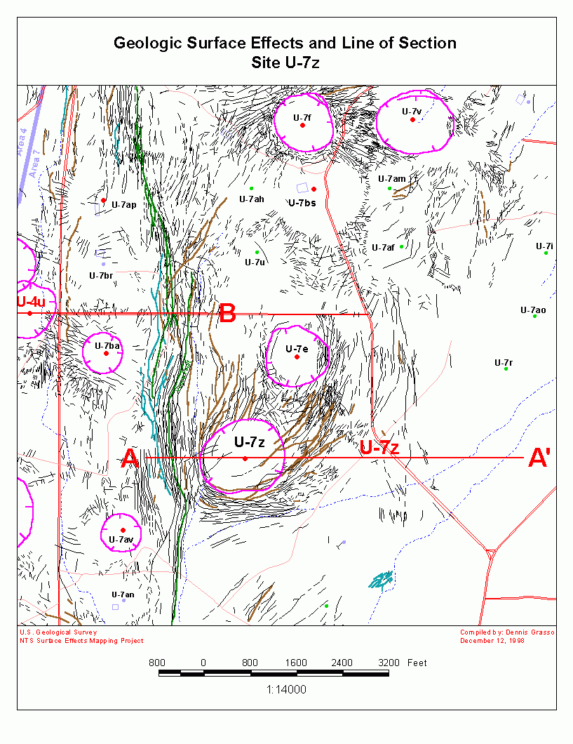 Site U-7z Surface Effects Map and Cross Section