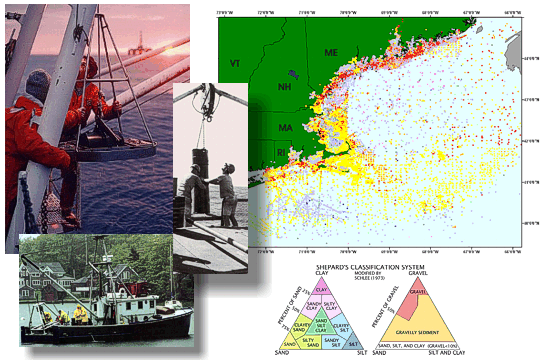 OFR03-001 index image showing USGS at work sampling, various samplers, and Gulf of Maine map.