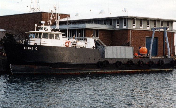 A port-side view of the DIANE G at the Woods Hole Oceanographic Institution  dock in Woods Hole, Massachusetts.