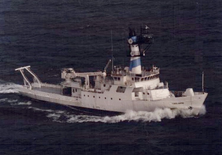 An aerial view of the University of Rhode Island  Reseach Vessel  ENDEAVOR at sea.