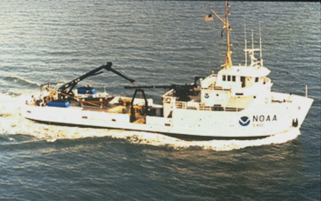 An aerial view of the National Oceanic and Atmospheric Administration ship FERREL at sea.