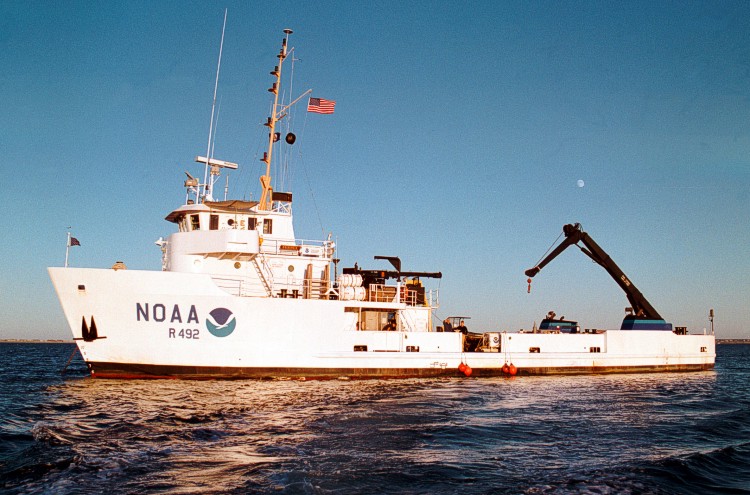 Port-side view of the National Oceanic and Atmospheric Administration ship FERREL at sea.