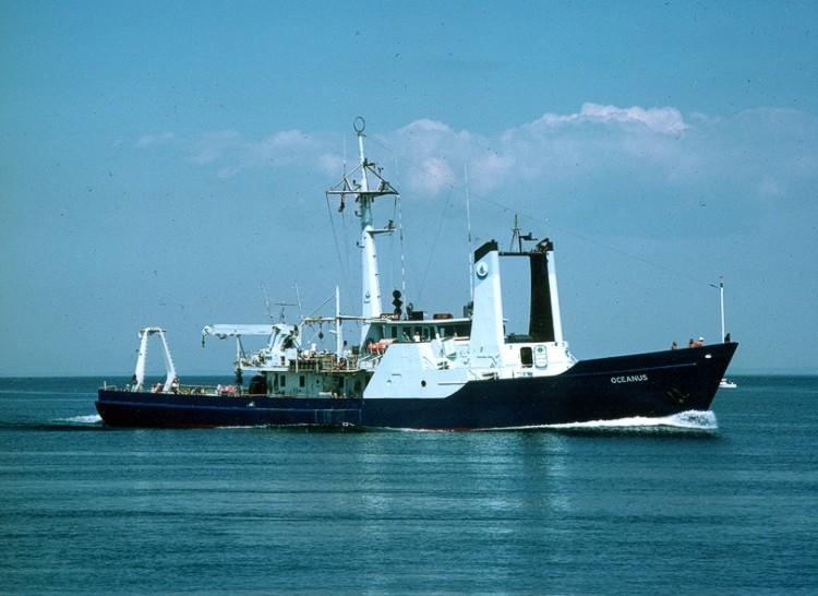 A starboard-side view of the Research Vessel Oceanus.