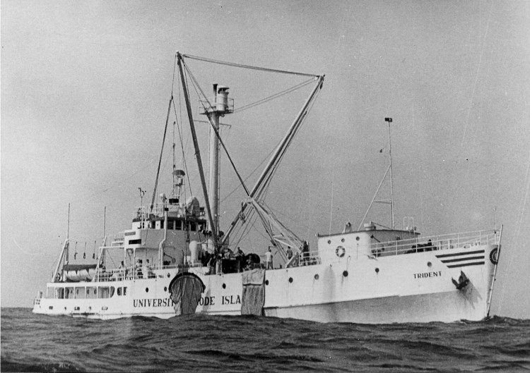 A starboard-side view of the University of Rhode Island vessel R/V TRIDENT.