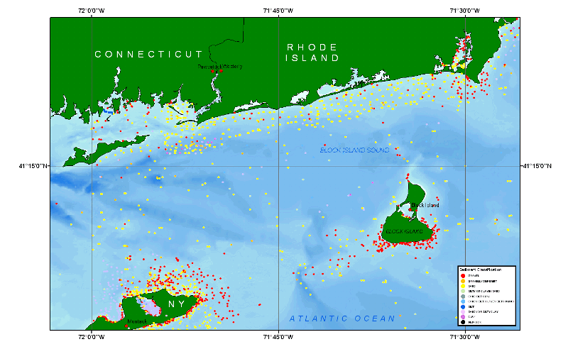 Detailed view of data distribution and sediment classification in the Block Island Sound region.