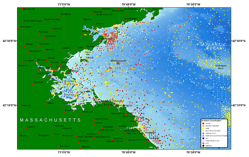 Detailed view of data distribution and sediment classification in the Boston Harbor region.
