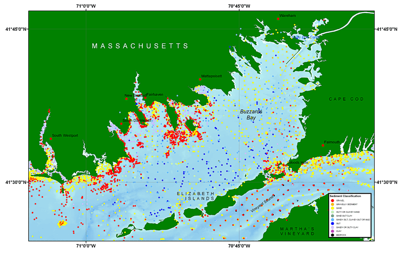 Detailed view of data distribution and sediment classification in the Buzzards Bay region.