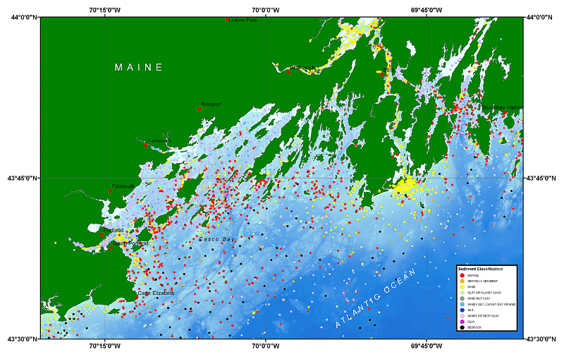 Detailed view of data distribution and sediment classification in the Casco Bay, Maine region.