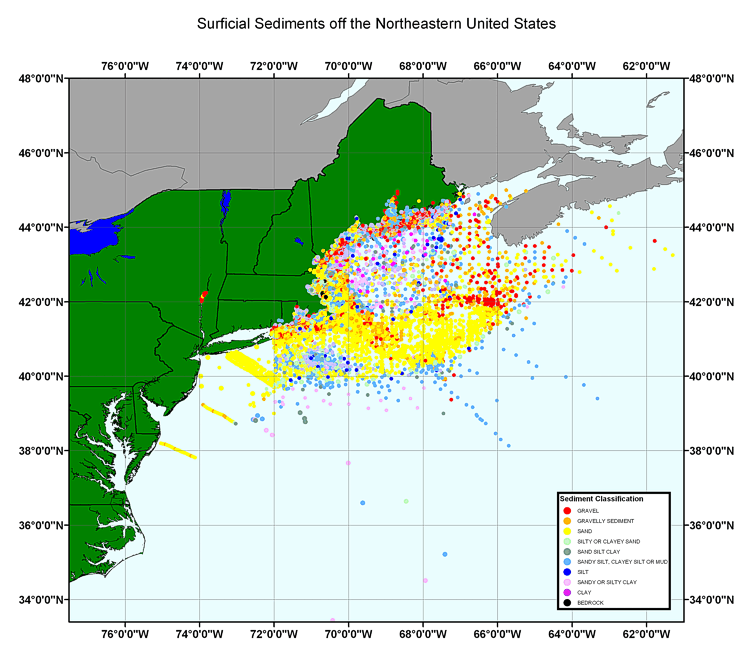Overview of surficial sediments off the Northeastern United States data distribution and classification.