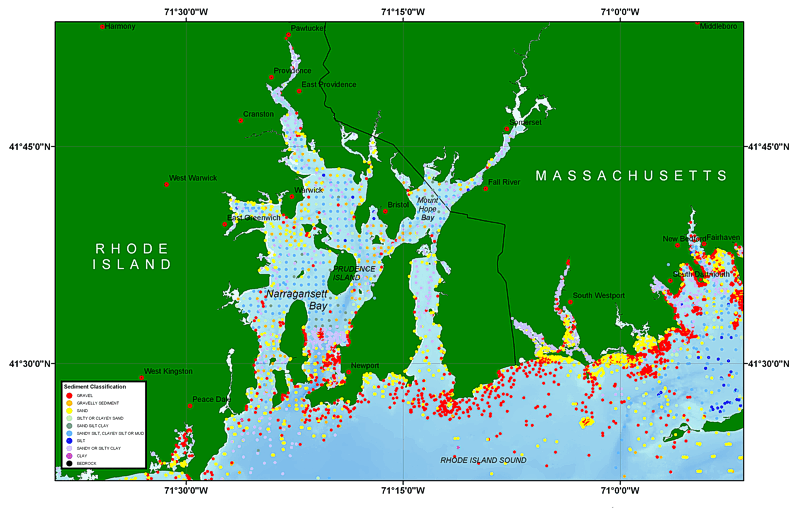 Detailed view of data distribution and sediment classification in the Narragansett Bay, Rhode Island region.