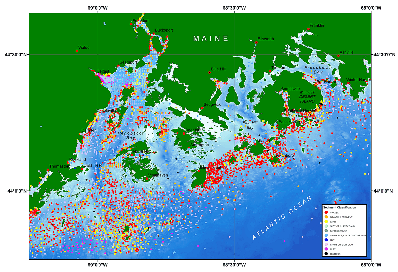 Detailed view of data distribution and sediment classification in the Penobscot Bay, Maine region.