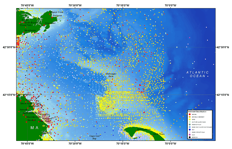 Detailed view of data distribution and sediment classification in the Stellwagen Bank region.