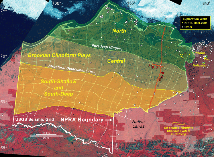 Map of Brookian clinoform play areas, regional seismic lines, and well control in and near NPRA